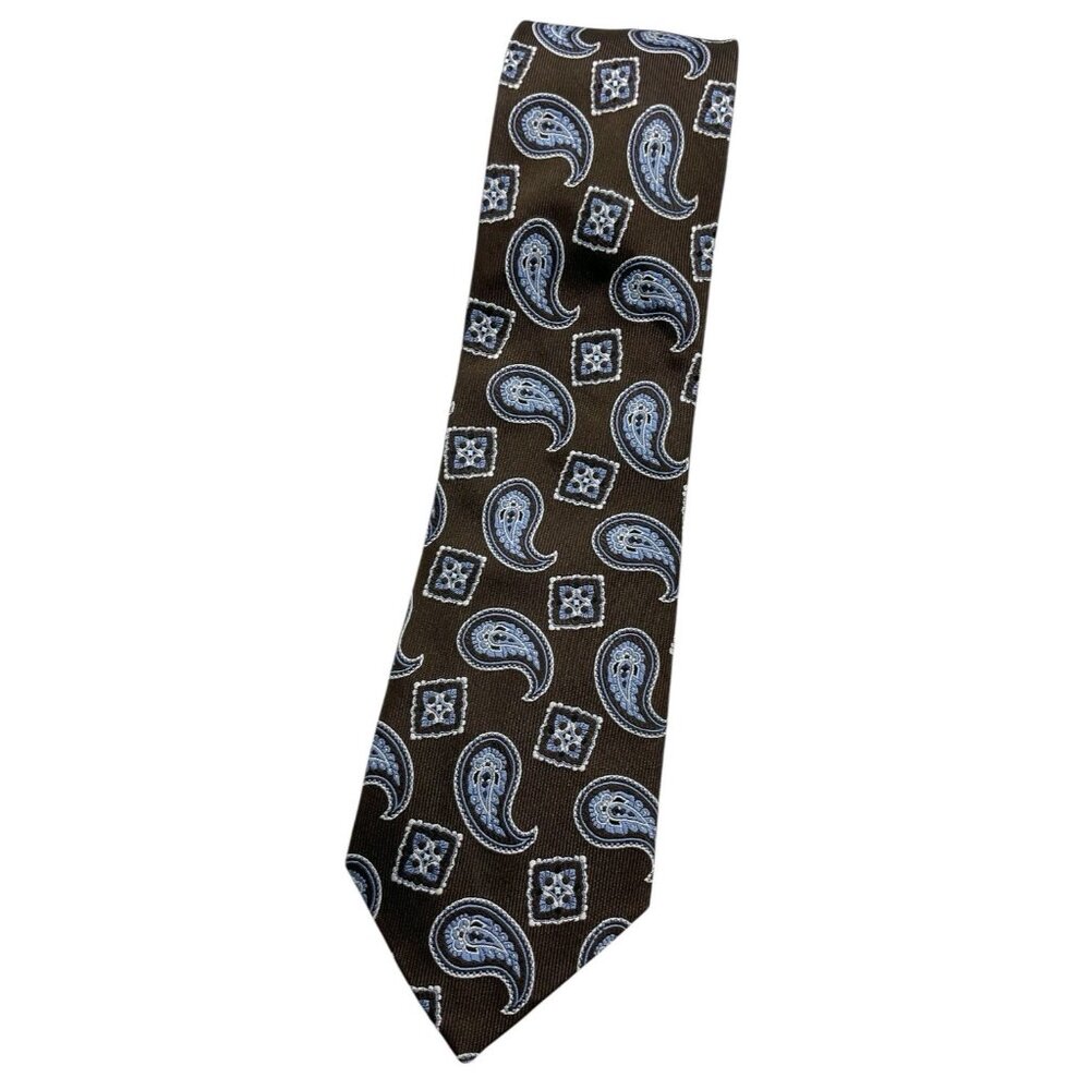 COPPLEY Men's 100% Silk Necktie LUXURY Tie Brown Geometric Paisley W:3.8" EUC